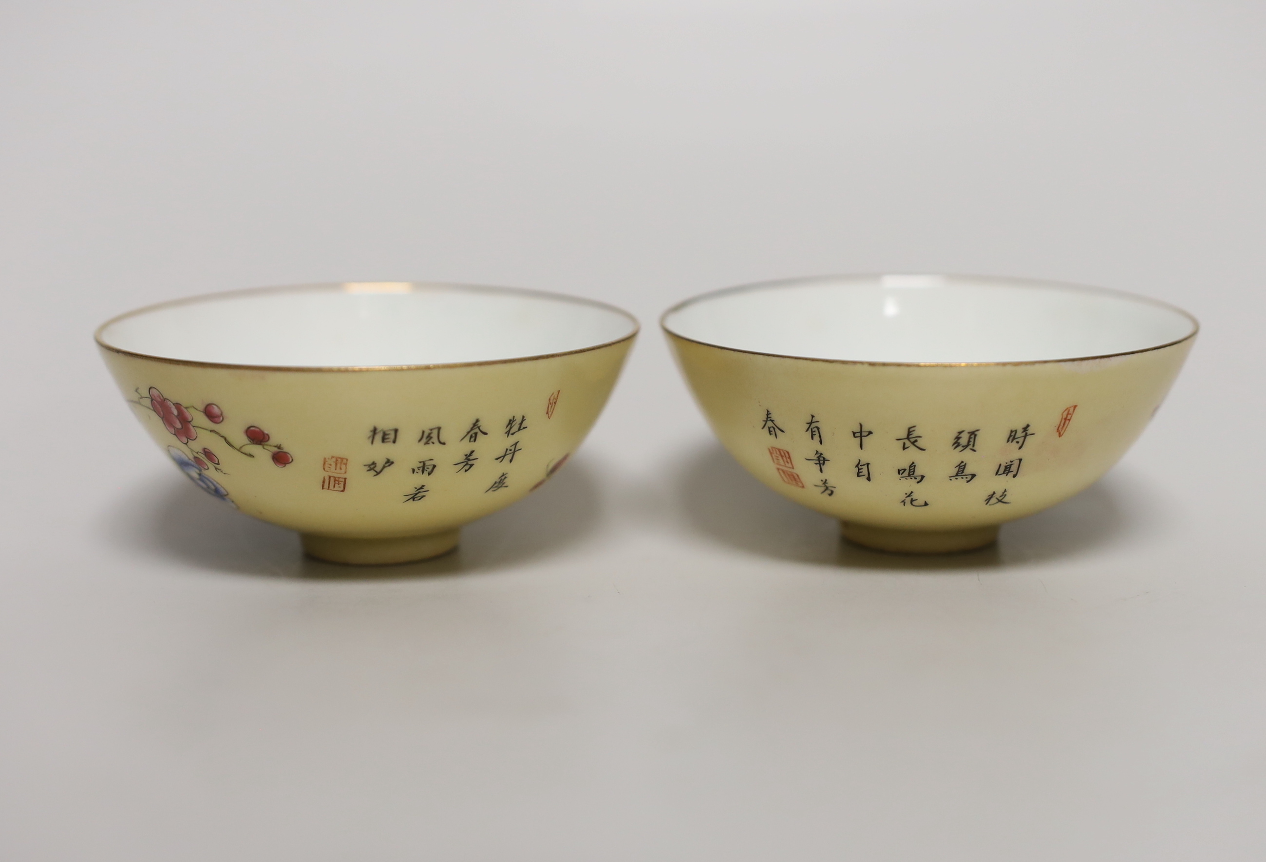 A pair of Chinese bowls, enamelled, 9cm diameter
